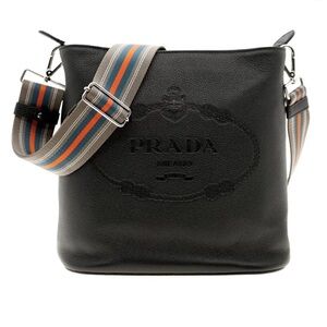 Prada Vitello Phenix Black Leather Web Strap Crossbody Bucket Bag